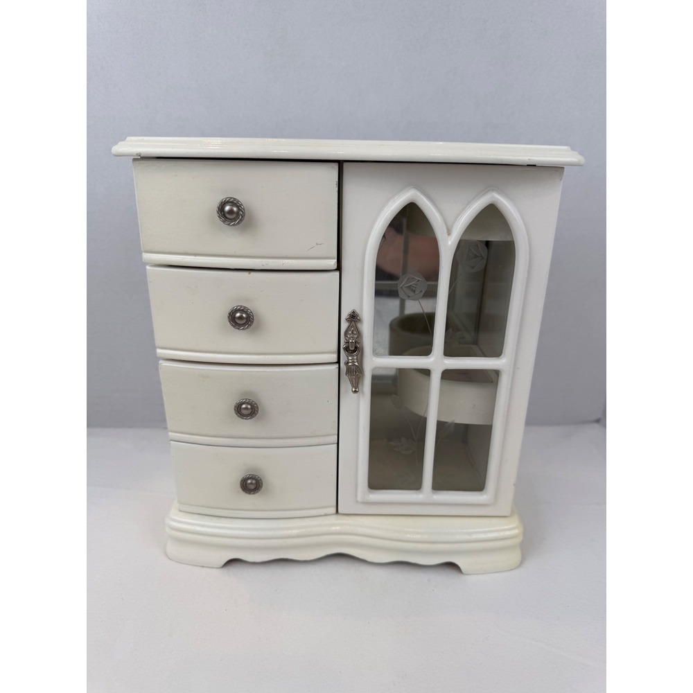 Vintage White Wooden Jewelry Armoire Cathedral Glass Door Tabletop Chest Mirror - Picture 2 of 14